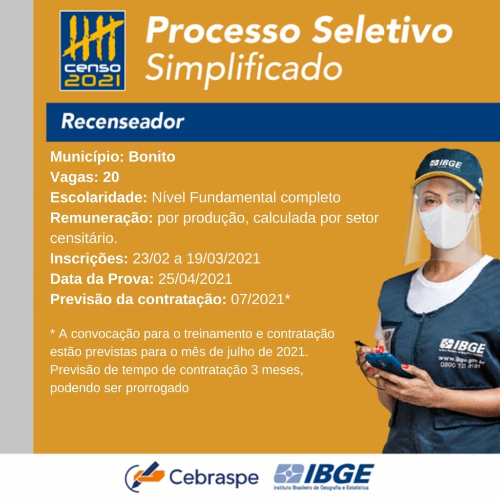 O IBGE abre processo seletivo para contratação de Recenseadores e Agentes Censitários que atuarão no Censo Demográfico 2021 em Bonito