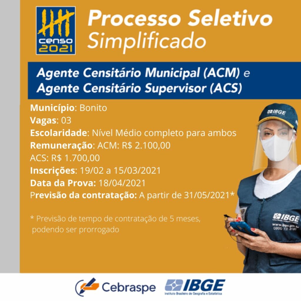 O IBGE abre processo seletivo para contratação de Recenseadores e Agentes Censitários que atuarão no Censo Demográfico 2021 em Bonito