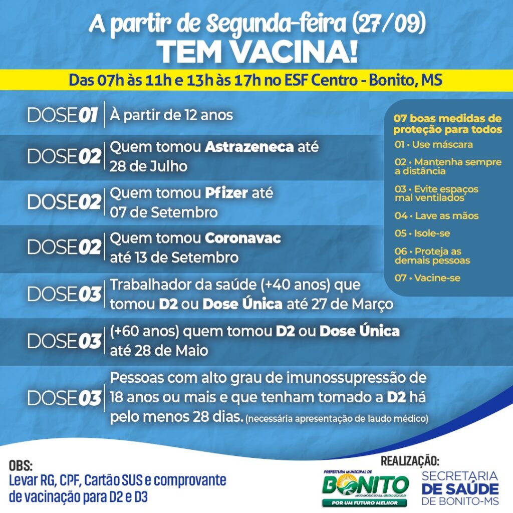 Com a aplicação da primeira, segunda e terceira dose da vacina contra a COVID-19, imunização acontecerá a partir desta segunda-feira no ESF Centro