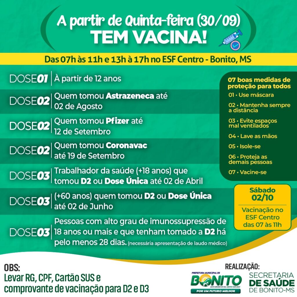 Com a aplicação da primeira, segunda e terceira dose da vacina contra a COVID-19, imunização acontecerá a partir desta quinta-feira no ESF Centro