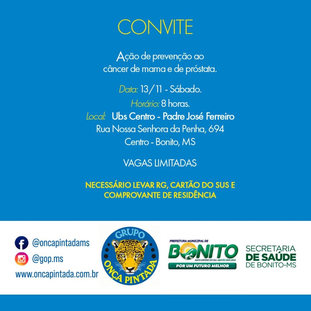 Saúde e Grupo Onça Pintada promovem ação de prevenção ao câncer de mama e de próstata neste sábado Saúde e Grupo Onça Pintada promovem ação de prevenção ao câncer de mama e de próstata neste sábado