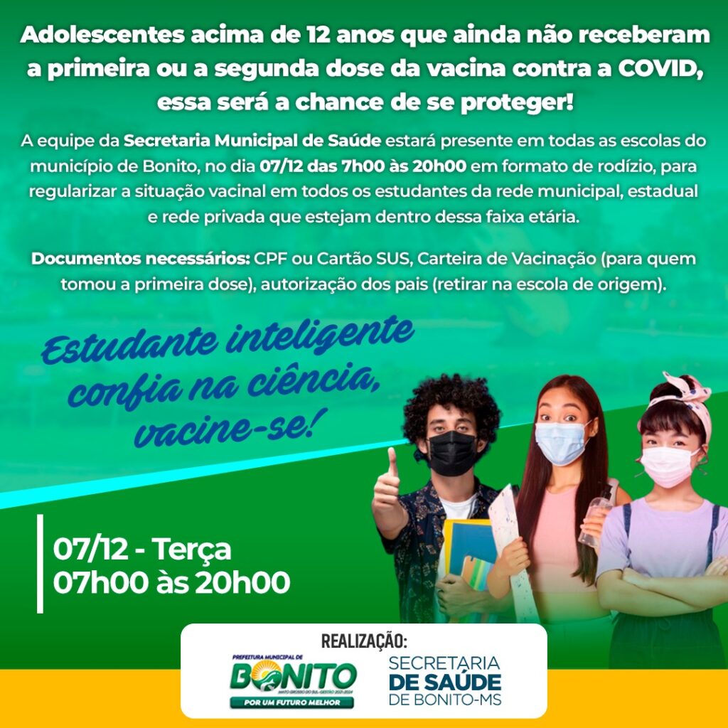 Bonito realiza campanha de vacinação contra a Covid nas escolas nesta terça-feira