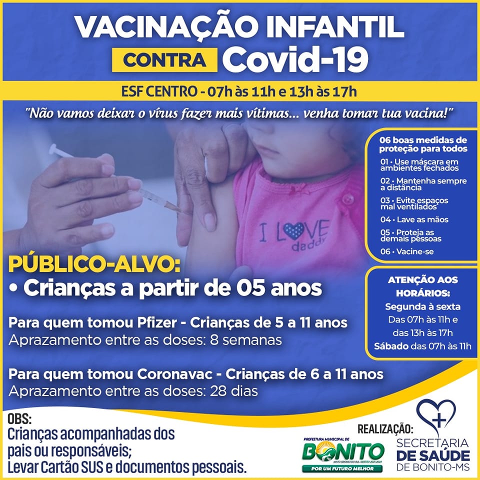 Em Bonito, apenas 37% das crianças de 5 a 11 anos iniciaram vacinação contra o coronavírus