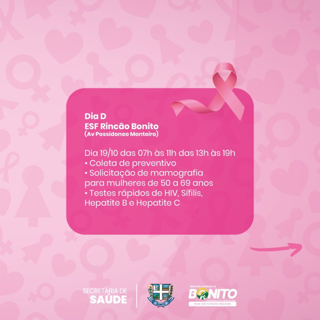 Saúde realiza 'Dia D Outubro Rosa' nos bairros, com coleta de exames e consultas médicas Saúde realiza 'Dia D Outubro Rosa' nos bairros, com coleta de exames e consultas médicas