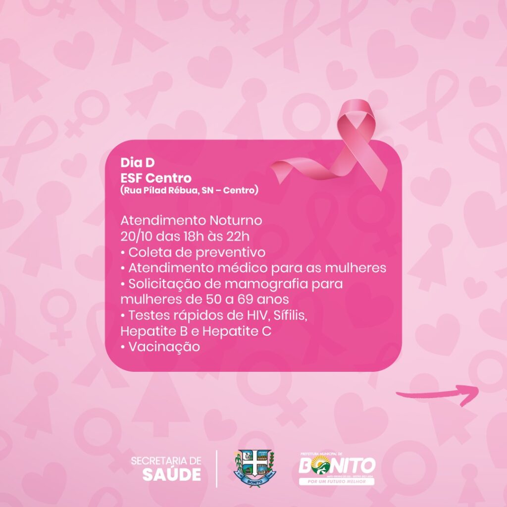 Saúde realiza 'Dia D Outubro Rosa' nos bairros, com coleta de exames e consultas médicas Saúde realiza 'Dia D Outubro Rosa' nos bairros, com coleta de exames e consultas médicas