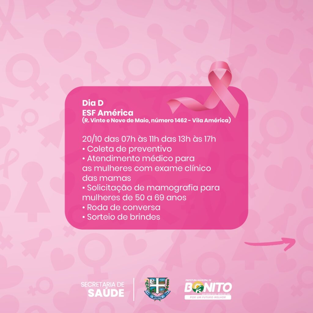 Saúde realiza 'Dia D Outubro Rosa' nos bairros, com coleta de exames e consultas médicas Saúde realiza 'Dia D Outubro Rosa' nos bairros, com coleta de exames e consultas médicas