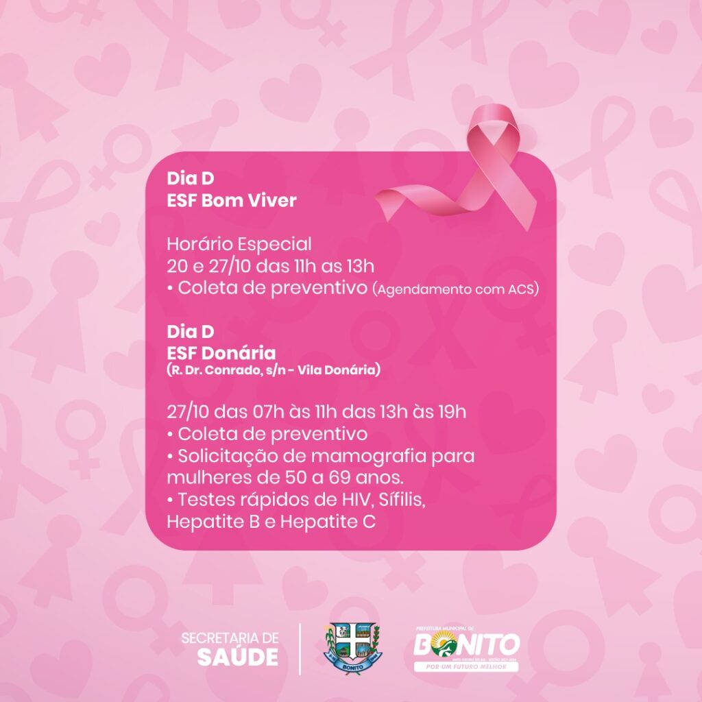 Saúde realiza 'Dia D Outubro Rosa' nos bairros, com coleta de exames e consultas médicas Saúde realiza 'Dia D Outubro Rosa' nos bairros, com coleta de exames e consultas médicas