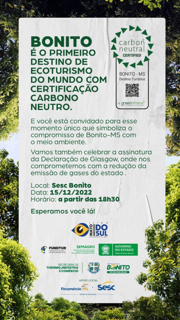Bonito será o primeiro destino de ecoturismo do mundo com certificação em Carbono Neutro