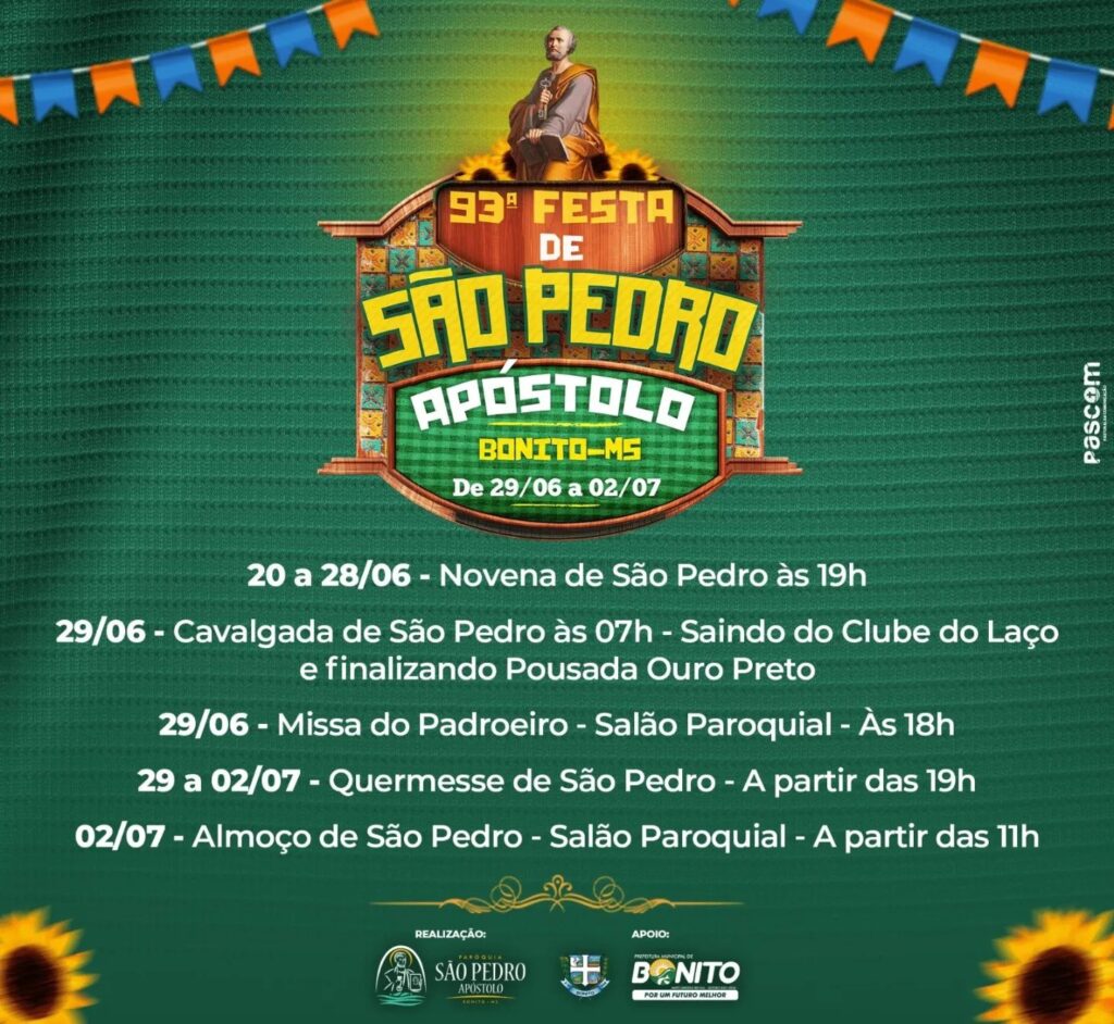 Bonito terá ponto facultativo na sexta devido a Feriado do Padroeiro no dia 29