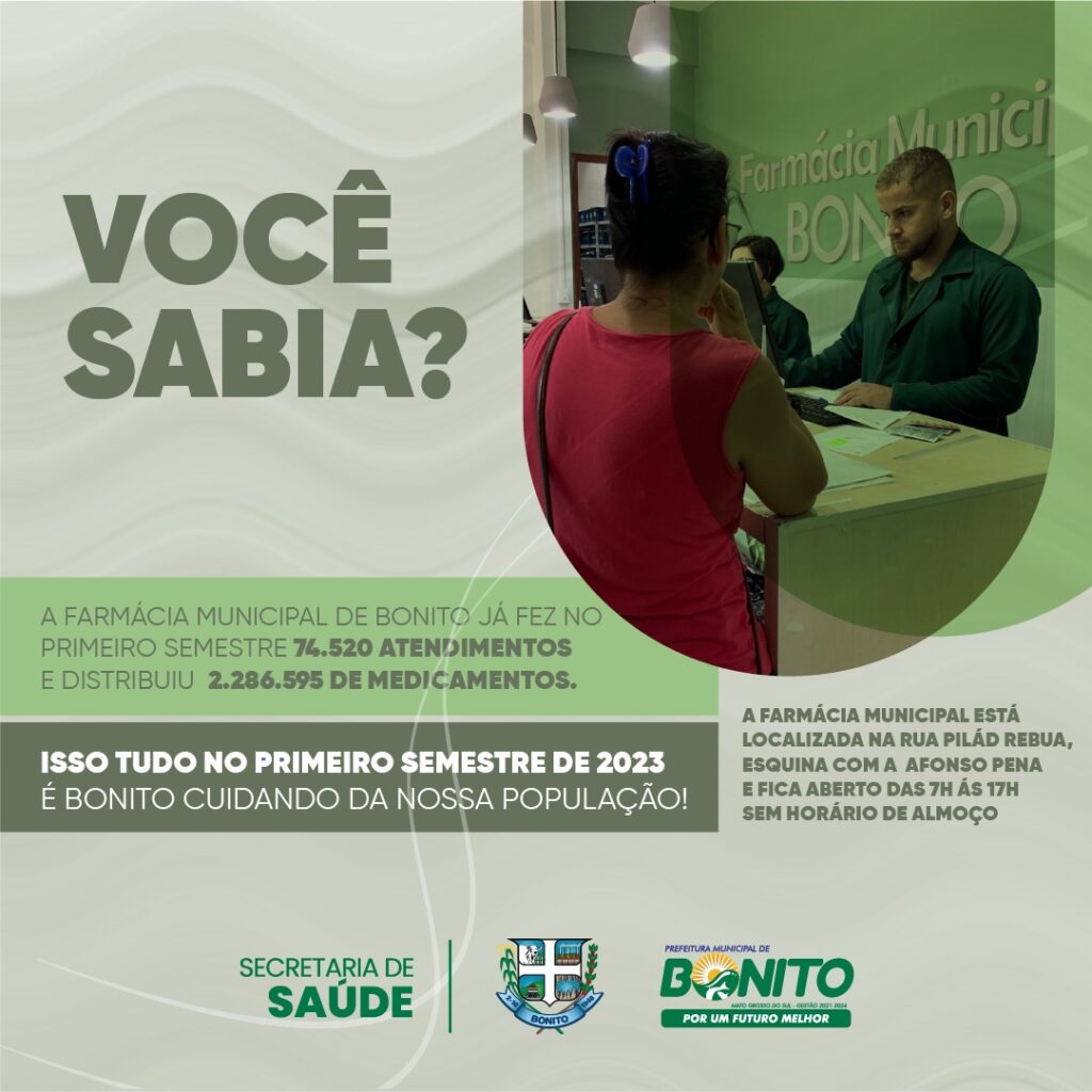 Farmácia Municipal de Bonito realizou 74.520 atendimentos no primeiro semestre de 2023 Farmácia Municipal de Bonito realizou 74.520 atendimentos no primeiro semestre de 2023