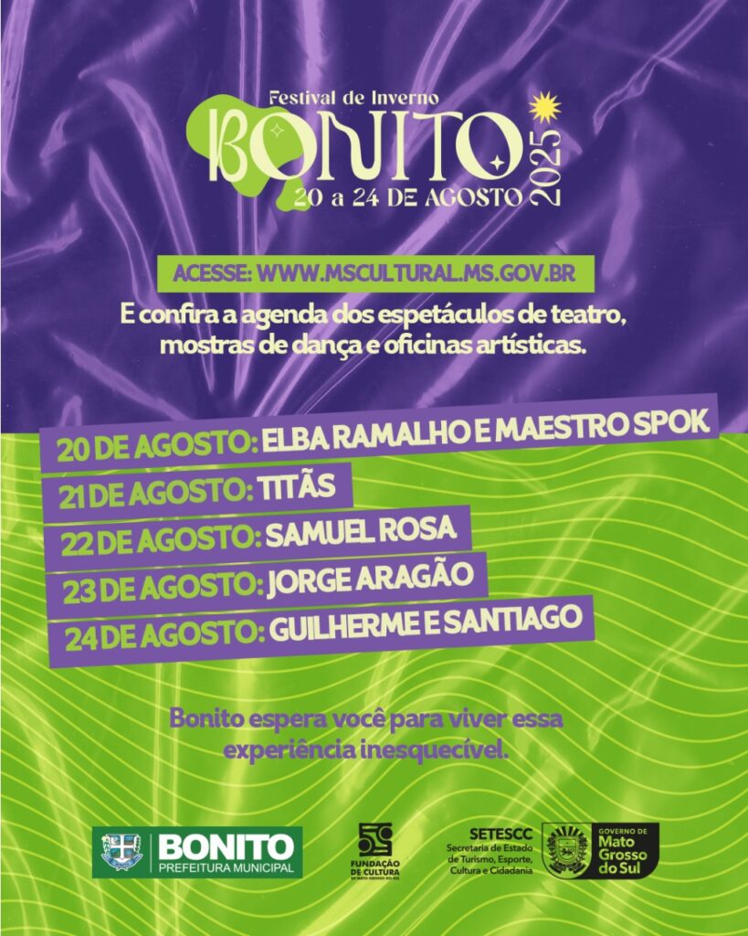 Festival de Inverno de Bonito 2025 começa nesta quarta-feira com shows de Elba Ramalho e Maestro Spok