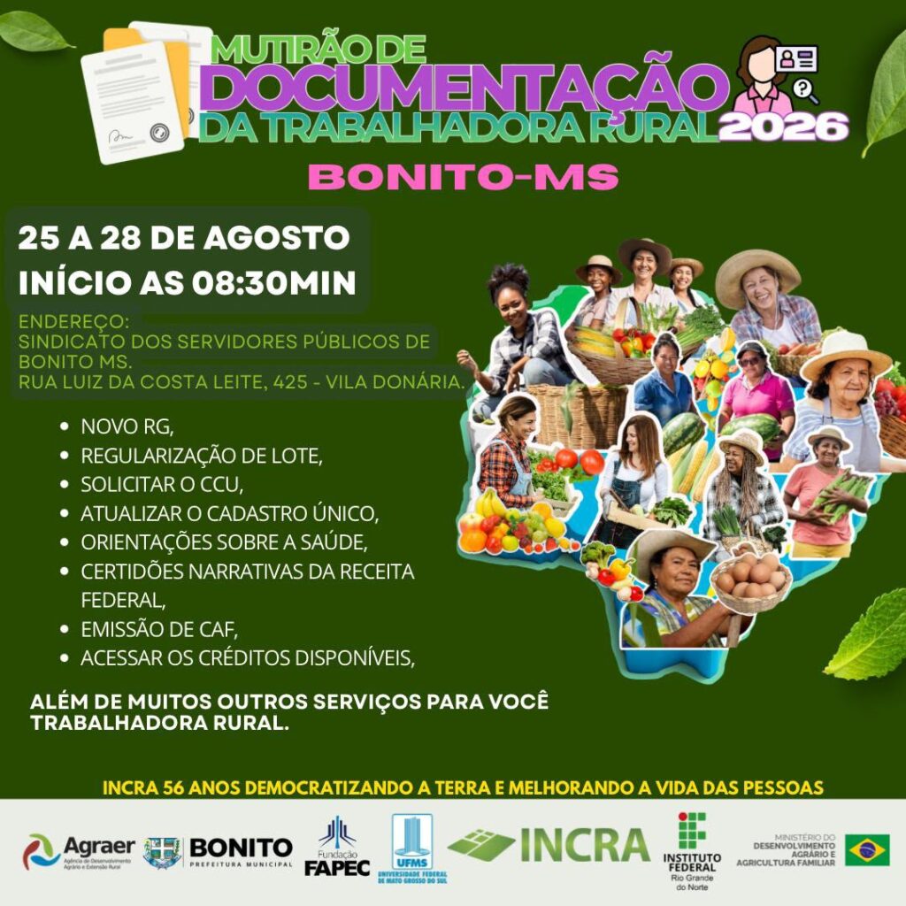 Bonito recebe Mutirão de Documentação da Trabalhadora Rural a partir de terça-feira