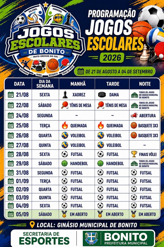 Jogos Escolares de Bonito têm abertura nesta segunda-feira no Ginásio de Esportes