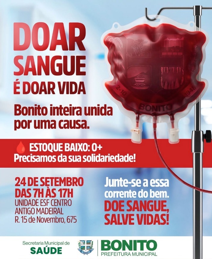 Campanha de doação de sangue acontece nesta quinta-feira em Bonito Campanha de doação de sangue acontece nesta quinta-feira em Bonito