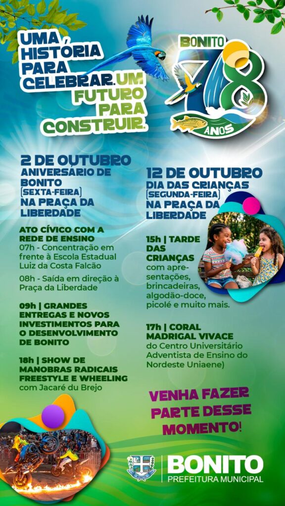 Bonito completa 78 anos com Ato Cívico, entregas, novos investimentos e show de manobras radicais Bonito completa 78 anos com Ato Cívico, entregas, novos investimentos e show de manobras radicais