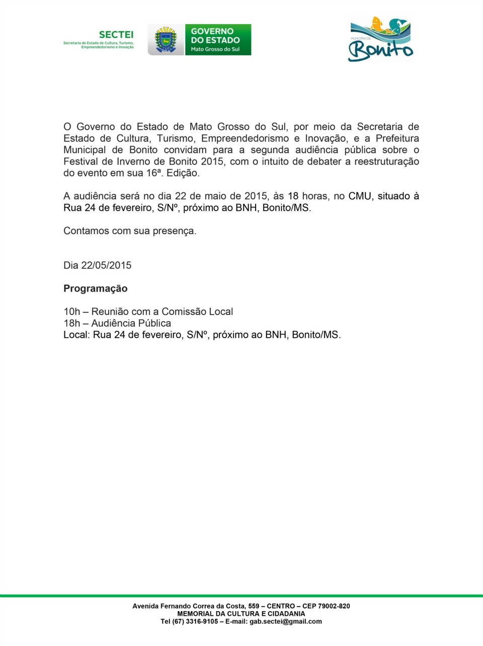 2ª Audiência Pública sobre o 16º Festival de Inverno de Bonito