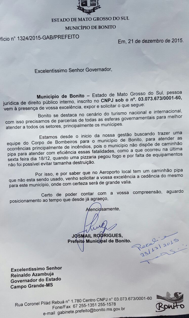 Josmail Rodrigues recebe apoio do Governador e Nelson Cintra para conseguir caminhão do corpo de bombeiros