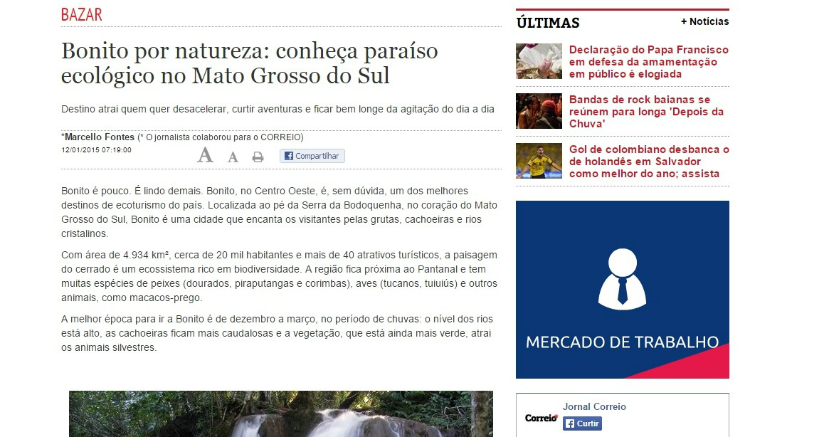 Bonito é destaque no jornal Correio da Bahia Correio da Bahia publica reportagem sobre as belezas de Bonito