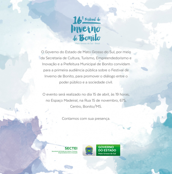 Governo do Estado realiza amanhã audiência pública sobre o Festival de Inverno de Bonito no município