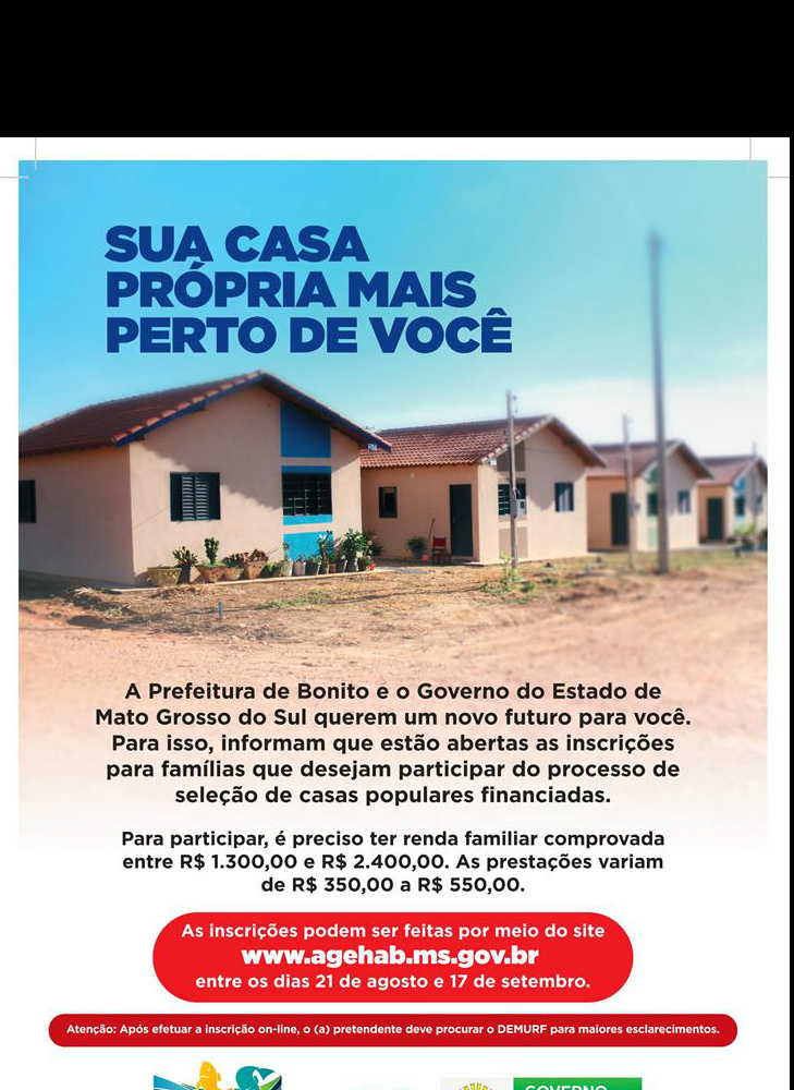 Prefeitura de Bonito abre inscrições de casas populares