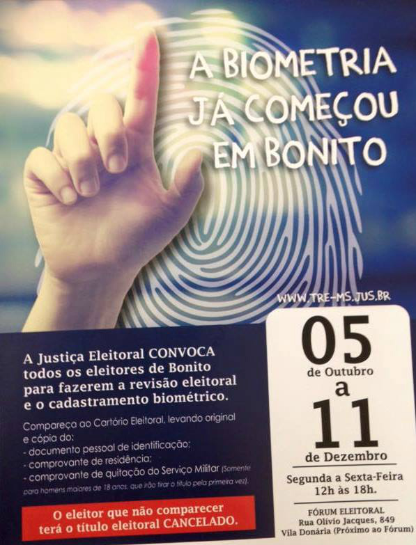 Bonito inicia cadastramento biométrico dos eleitores, veja como fazer