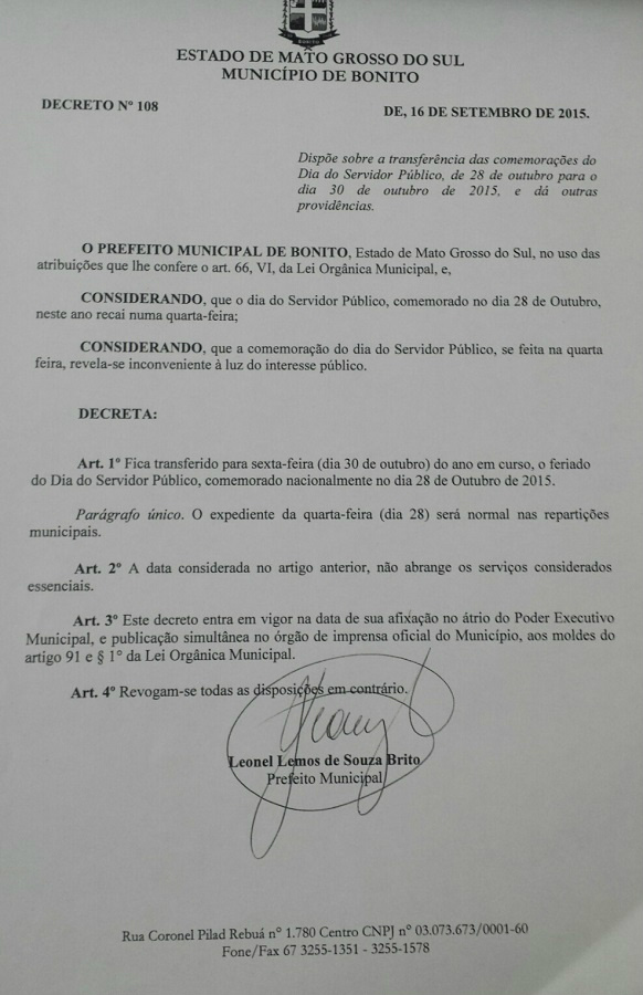 Prefeito Municipal Decreta Ponto Facultativo dia 30 de outubro