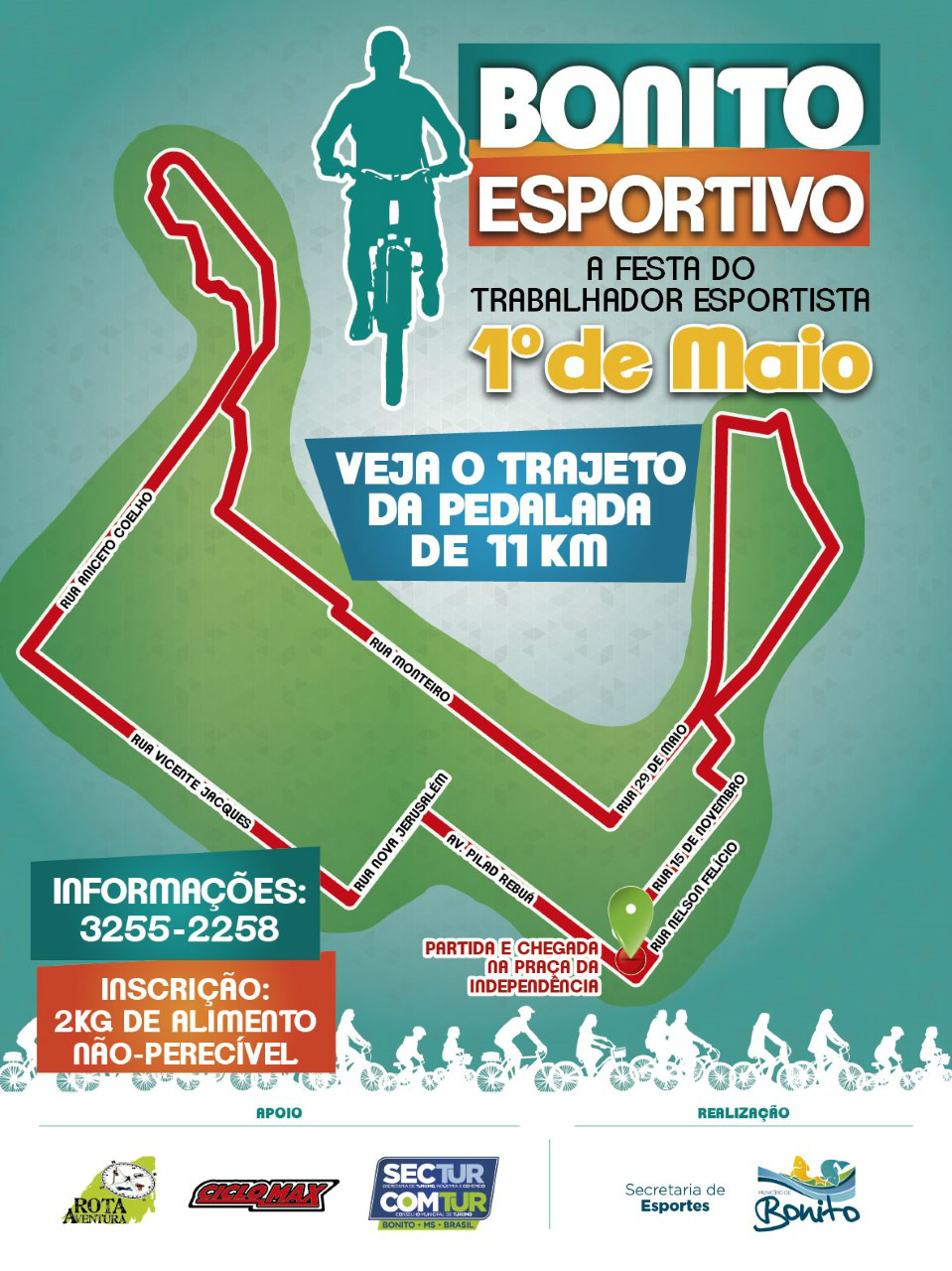 Bonito terá pedalada e corrida noturna no Dia do Trabalho