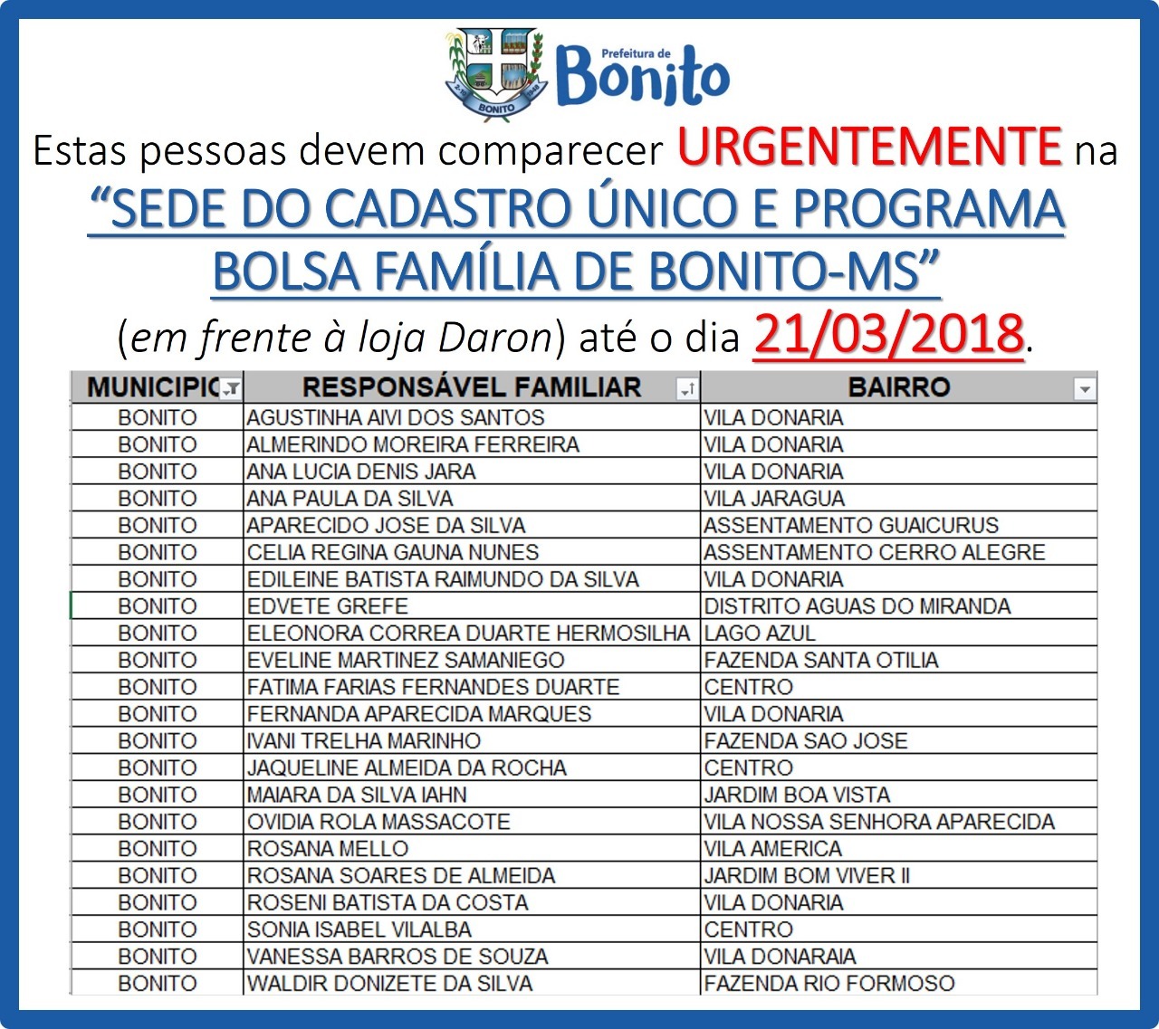 ATENÇÃO: Estas pessoas devem comparecer na Sede do Cadastro Único e Programa Bolsa Família de Bonito-MS até o dia "21/03/2018" ATENÇÃO: Estas pessoas devem comparecer na Sede do Cadastro Único e Programa Bolsa Família de Bonito-MS até o dia "21/03/2018"