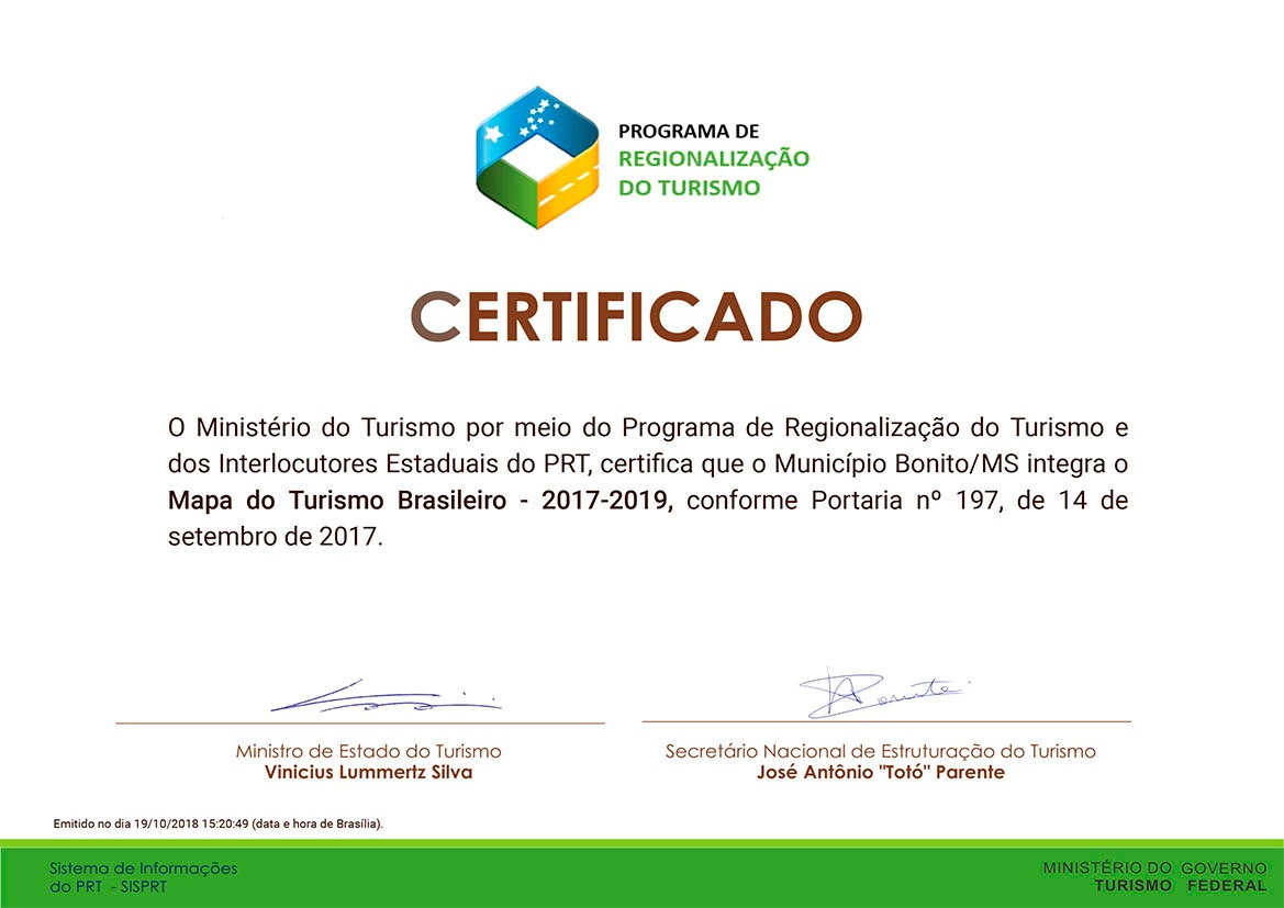 Certificado inclui Bonito no Mapa do Turismo Brasileiro