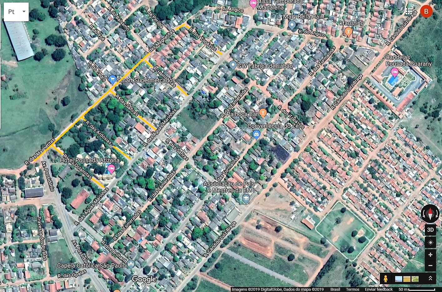 Prefeitura vai asfaltar mais 10 quadras na Vila Marambaia Ruas que receberão asfalto e drenagem estão marcados com a linha amarela. AMPLIE A IMAGEM - Arte/Google Maps/Boni
