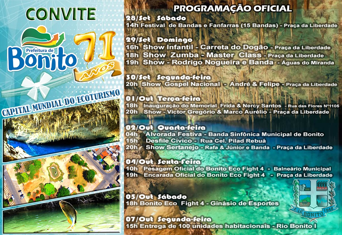 Bonito comemora 71 anos de emancipação político-administrativa no dia 2 de outubro próximo. Foto: Divulgação