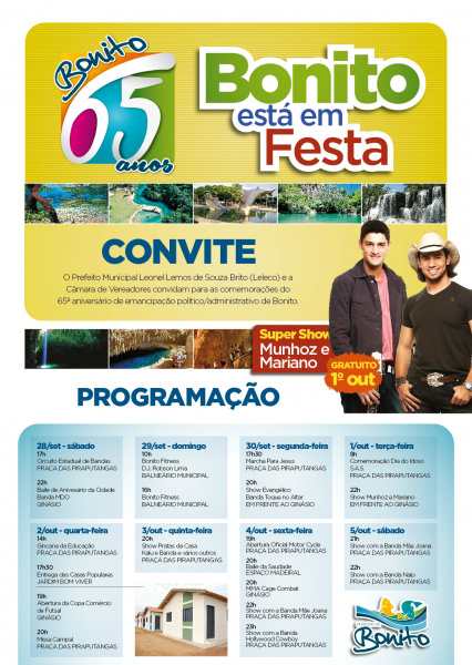 Programação da Comemoração dos 65 anos da Cidade de Bonito - MS