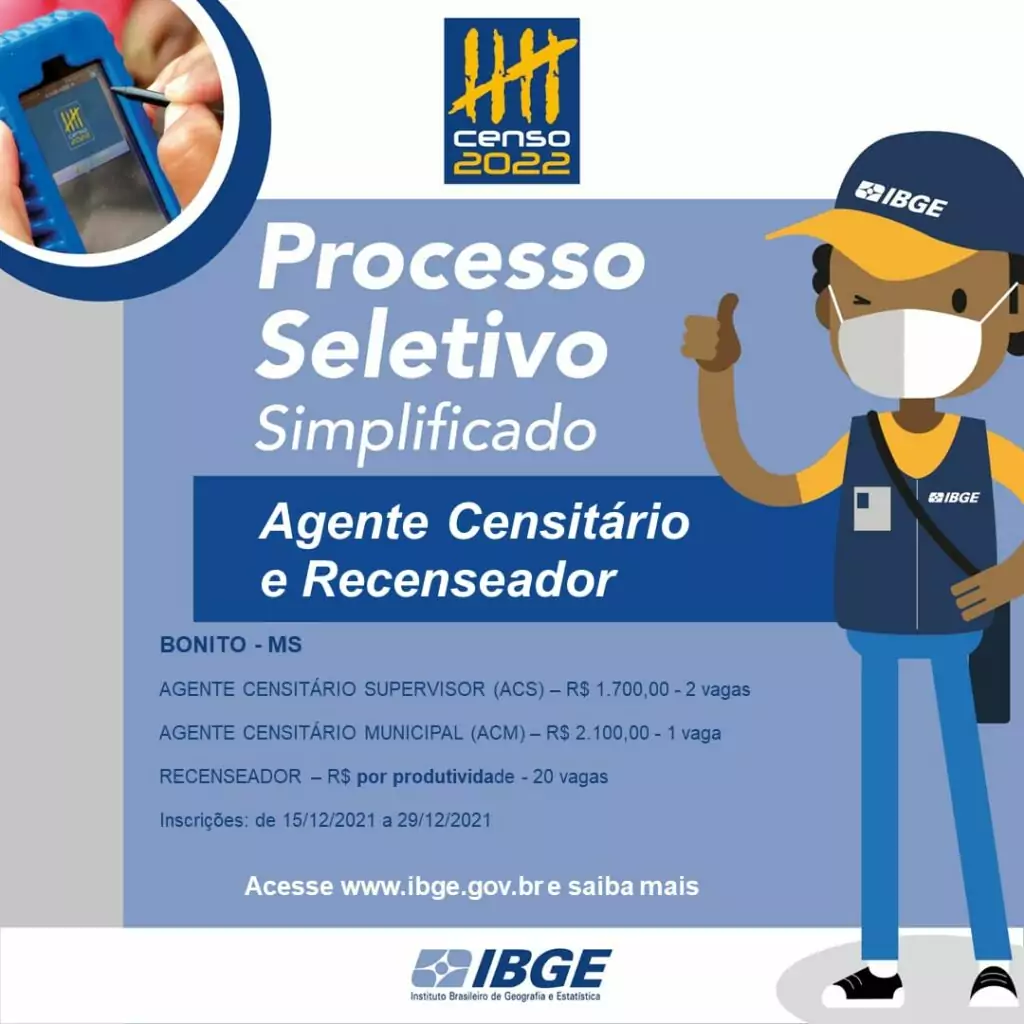 IBGE abre 23 vagas para o Censo 2022 em Bonito IBGE abre 23 vagas para o Censo 2022 em Bonito