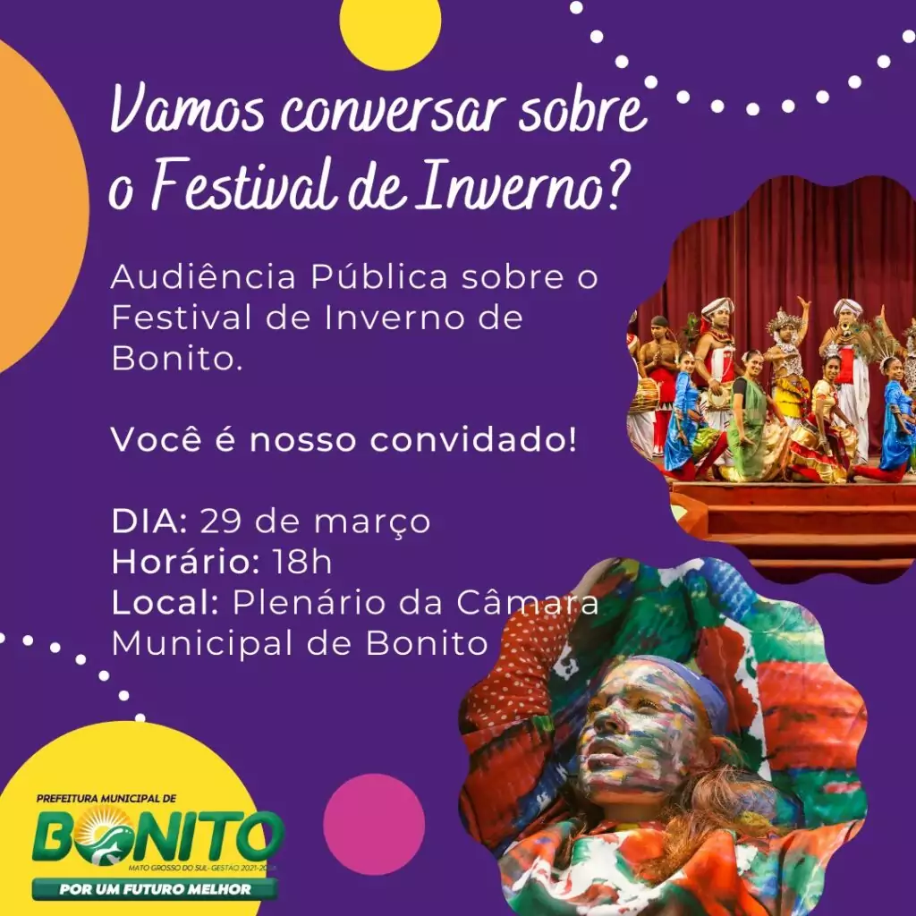 Departamento de Cultura convoca população para Audiência Pública sobre 21º Festival de Inverno de Bonito Departamento de Cultura convoca população para Audiência Pública sobre 21º Festival de Inverno de Bonito