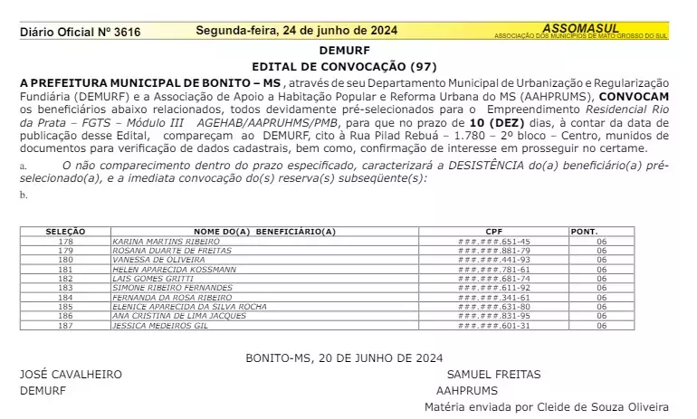 Demurf convoca pré-selecionados no Residencial Rio da Prata (III) para apresentação de documentos Demurf convoca pré-selecionados no Residencial Rio da Prata (III) para apresentação de documentos