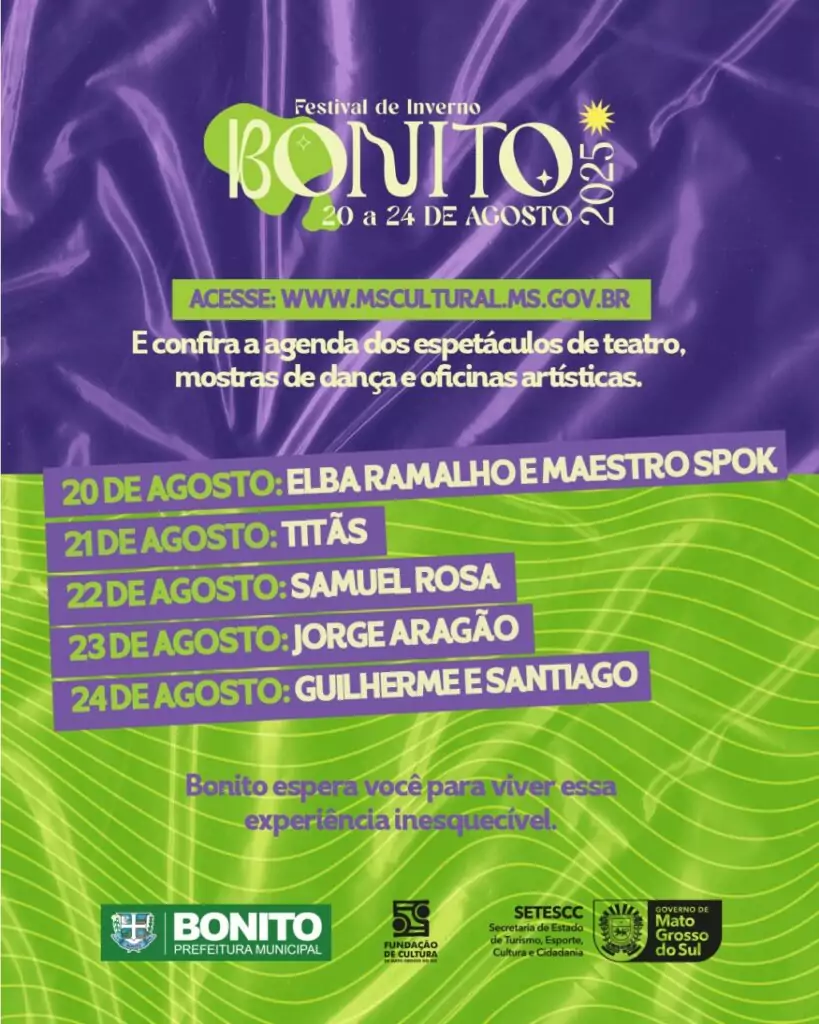 Festival de Inverno de Bonito 2025 começa nesta quarta-feira com shows de Elba Ramalho e Maestro Spok