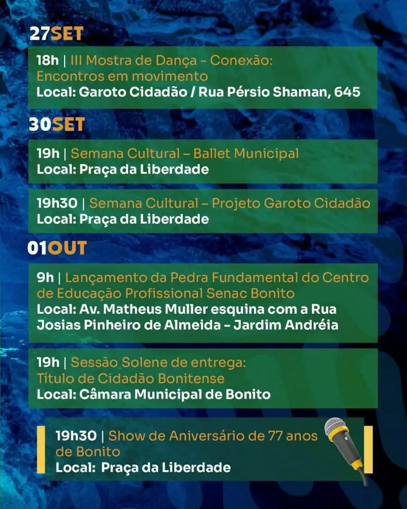 Bonito celebra 77 anos com programação especial Bonito celebra 77 anos com programação especial