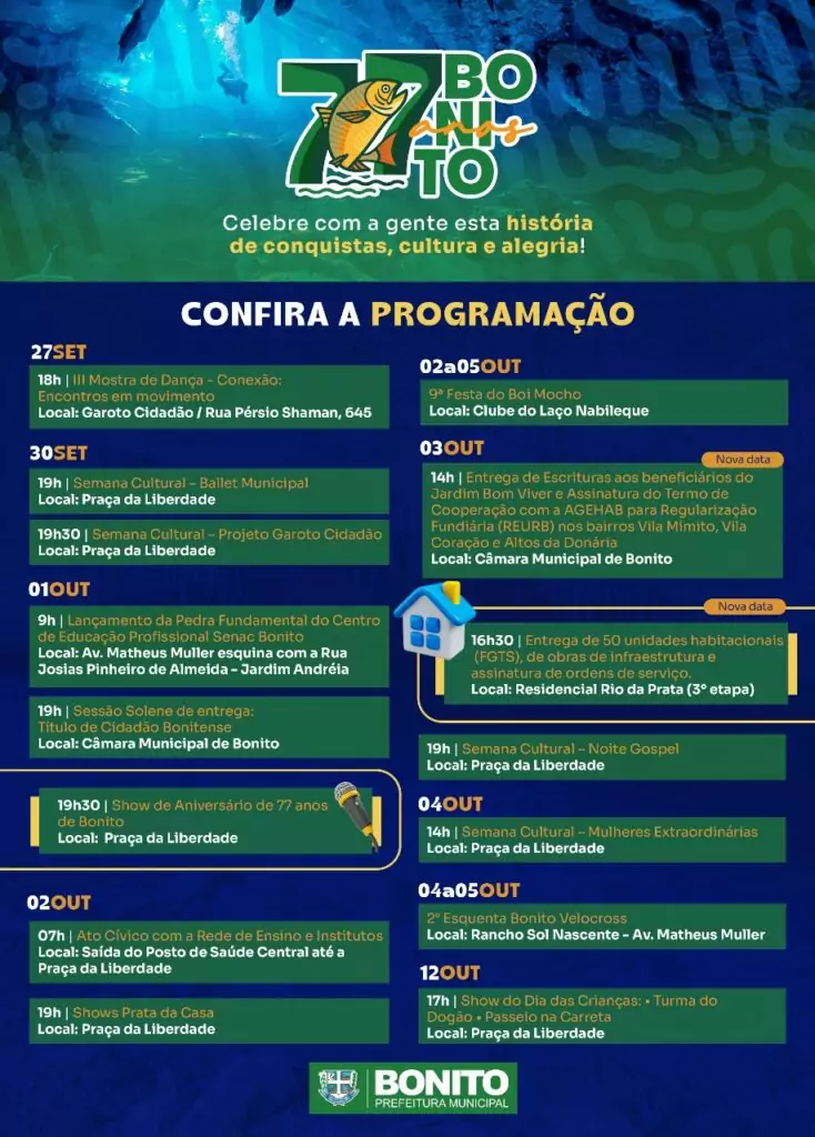 Semana marca os 77 anos de Bonito com cultura, cidadania e grandes entregas Semana marca os 77 anos de Bonito com cultura, cidadania e grandes entregas
