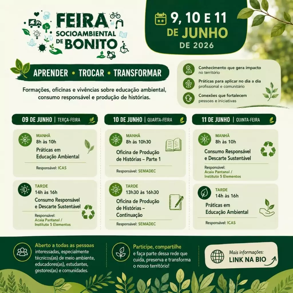 14ª Feira Socioambiental de Bonito começa nesta terça-feira com programação voltada à educação ambiental