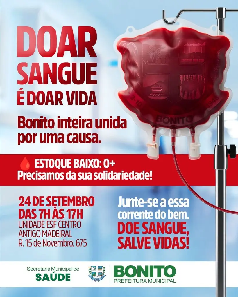 Doar sangue é doar vida: Bonito realiza campanha de doação em 24 de setembro Doar sangue é doar vida: Bonito realiza campanha de doação em 24 de setembro